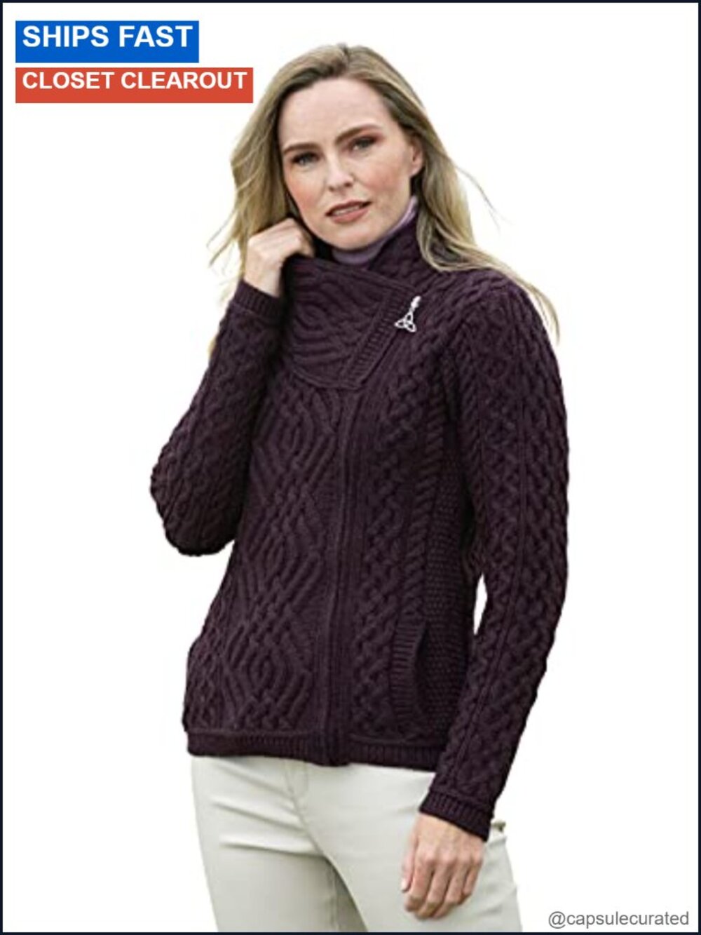 Merino Wool Cable Knit Sweater Jacket Side Zip Fitted Cardigan